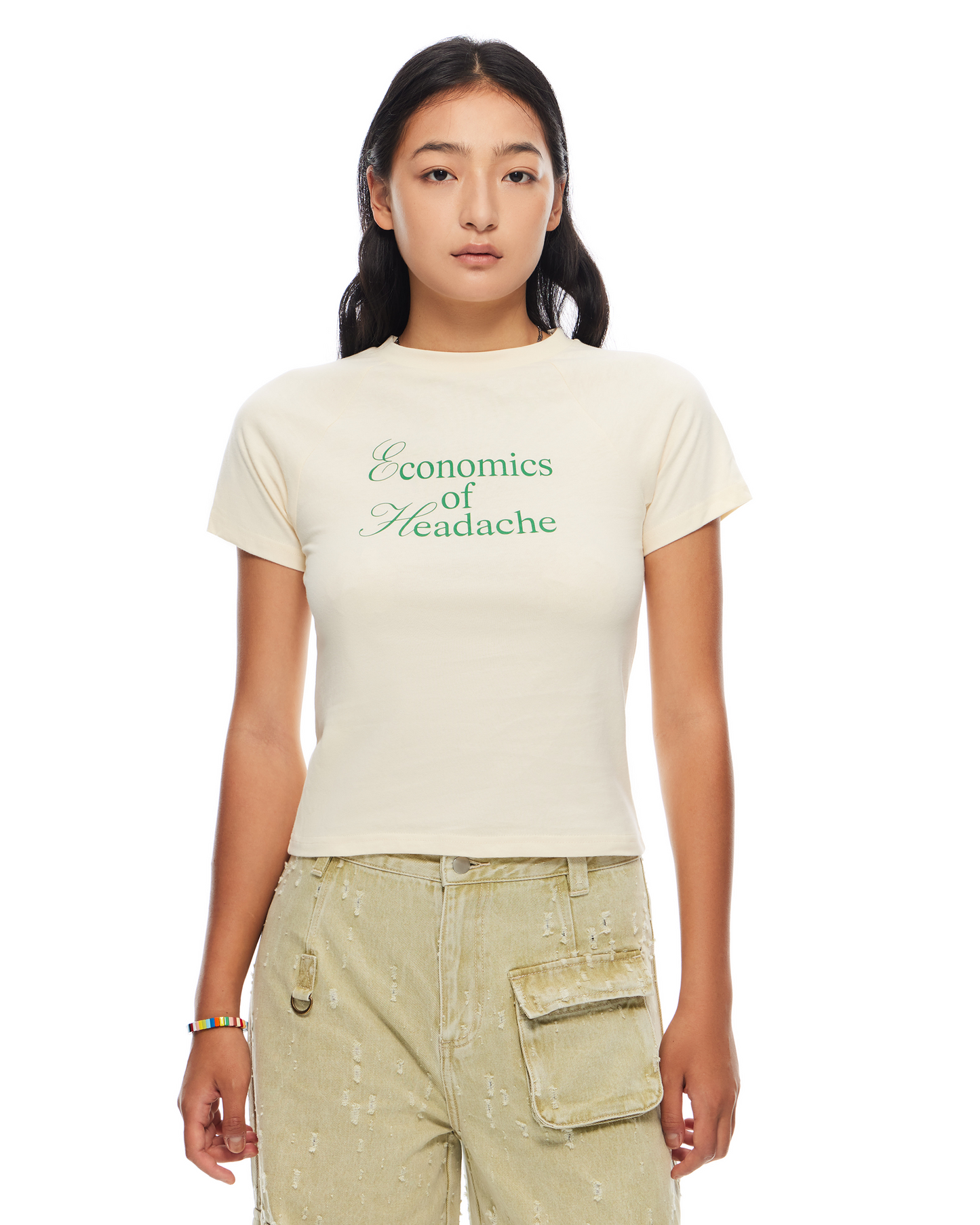 SLOGAN FITTED RAGLAN CREWNECK SHORT-SLEEVE T-SHIRT (W)