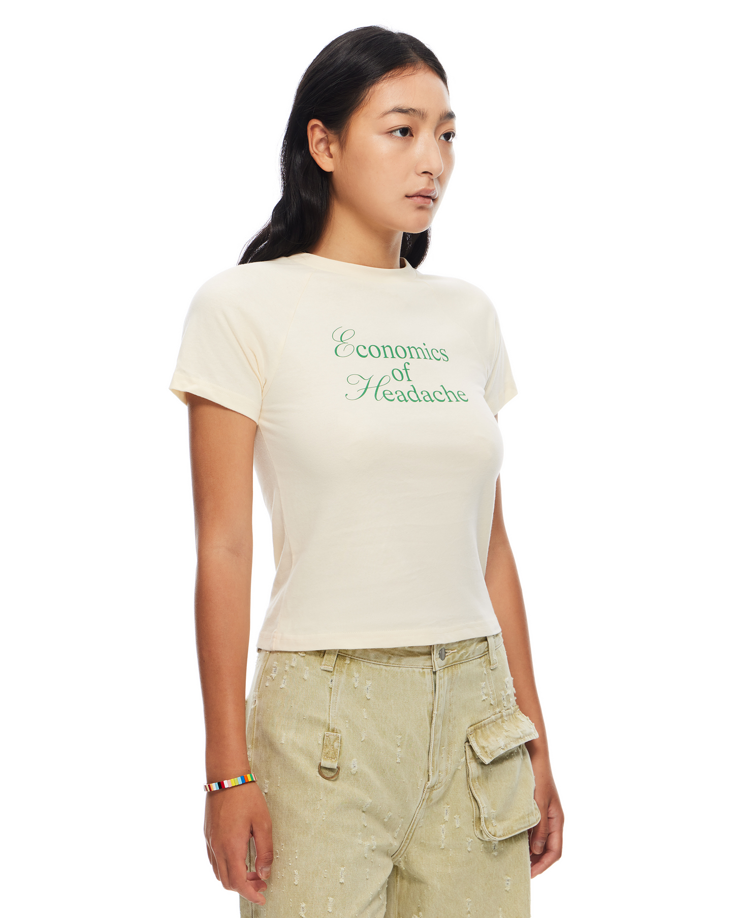 SLOGAN FITTED RAGLAN CREWNECK SHORT-SLEEVE T-SHIRT (W)